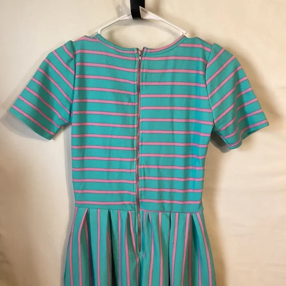 1134 LuLaRoe Amelia Short Sleeve Dress With Aqua & Pink Stripes Size Extra Small
